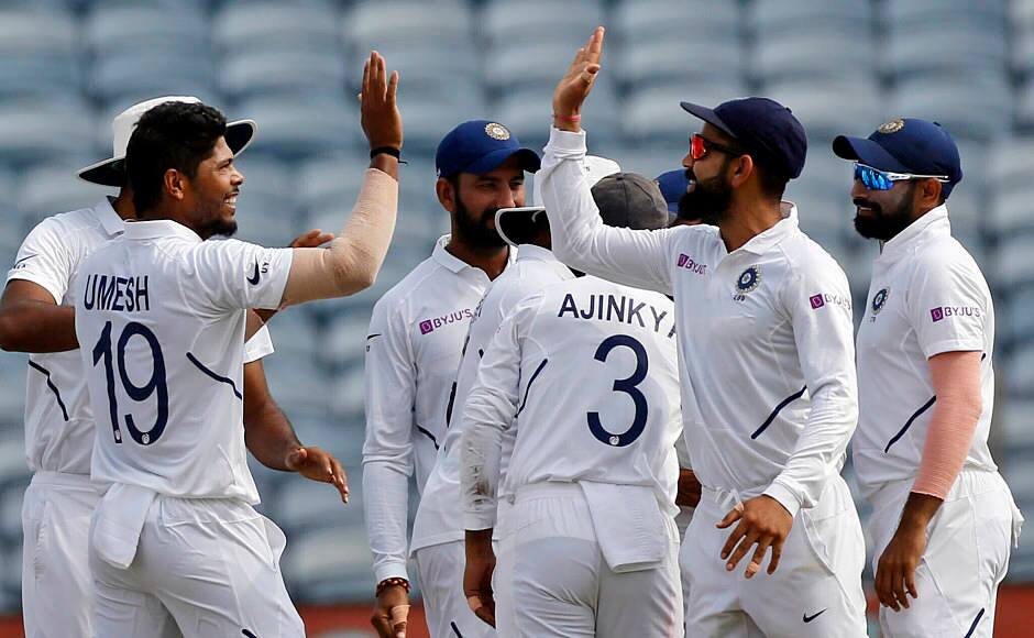 Umesh Yadav celebrates the dismIssal of Theunis de Bruyn, who departed shortly after Aiden Markram’s wicket. AP