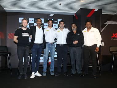 The organisers of the X1 Racing League, including Aditya Patel (third from left) and Armaan Ebrahim (fourth from left) at the launch event on Wednesday.