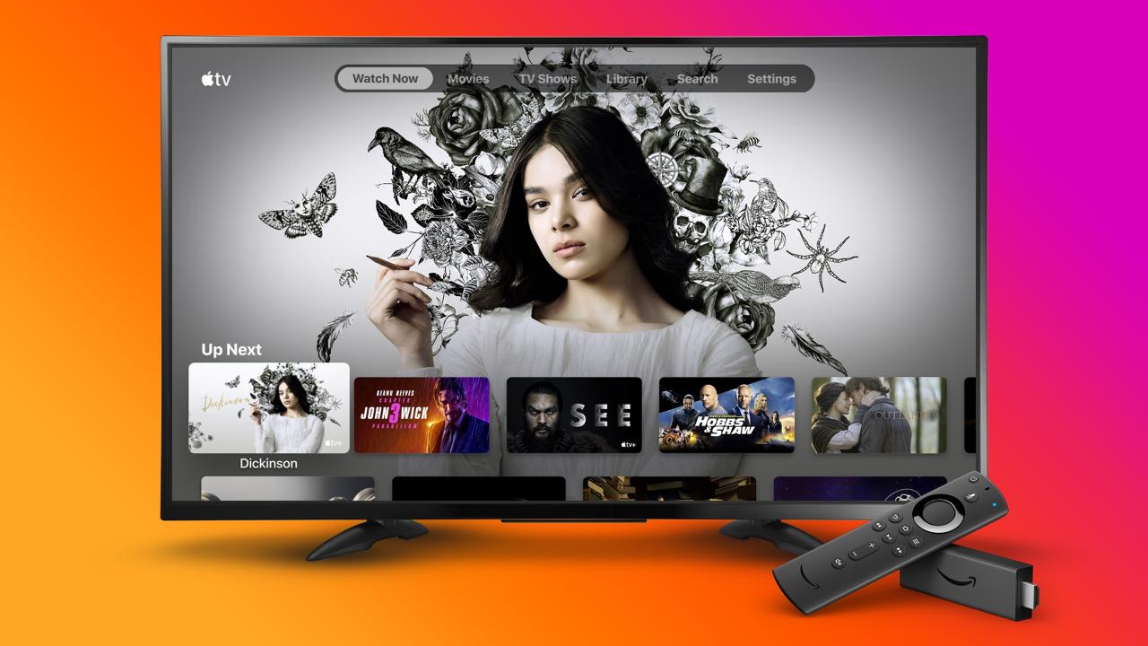 The Apple TV app will give users access to their iTunes library, and Apple TV+ content from 1 November. Image: Amazon.