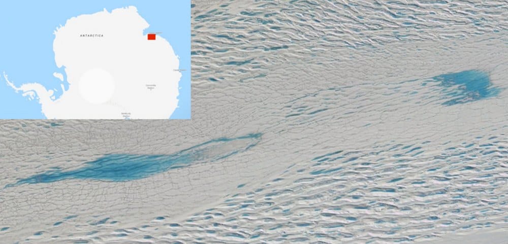 Meltwater lakes on Sørsdal Glacier, Antarctica (red dot on larger map). image credit: Google Maps