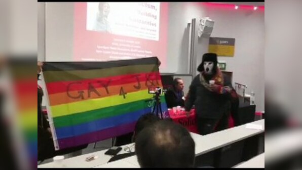 Masked volunteers carrying rainbow banner disrupt London event criticising abrogation of Article 370 in J&K