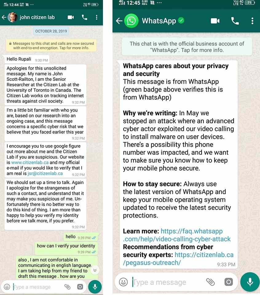 (left) Rupali Jadhav’s WhatsApp chat with John, (right) the message from WhatsApp. Screenshot procured from Jadhav’s Facebook post