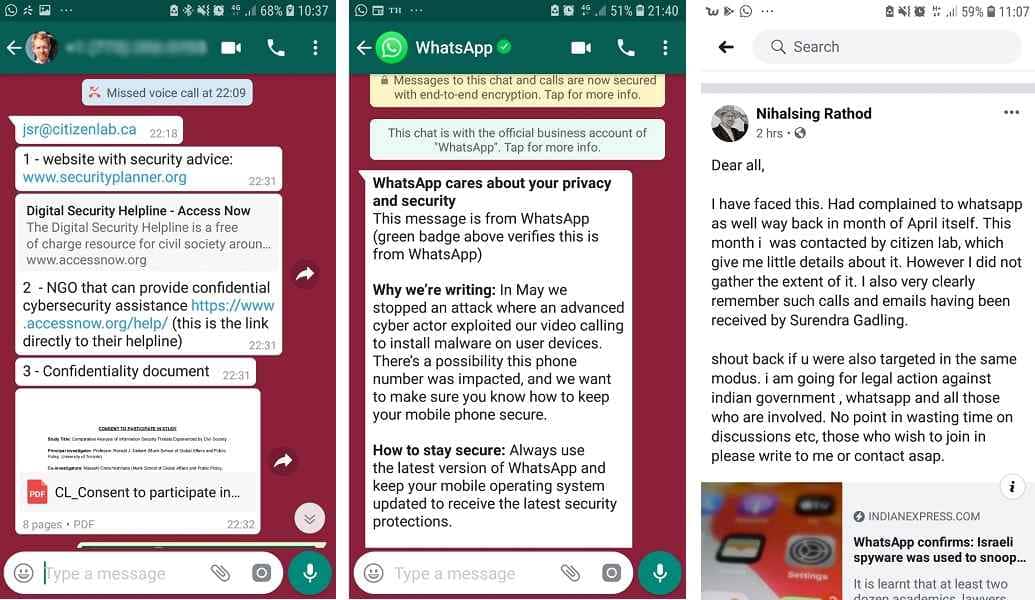 (left) Rathod’s chat with John, (centre) the message from WhatsApp, (right) Rathod’s email to his contacts. Screenshots procured by Parth MN