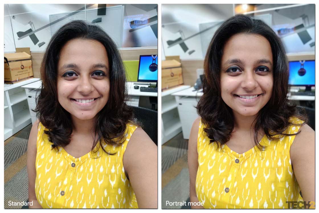 Portrait mode selfie shot comparison under indoor lighting. Image: tech2/Abhijit Dey.