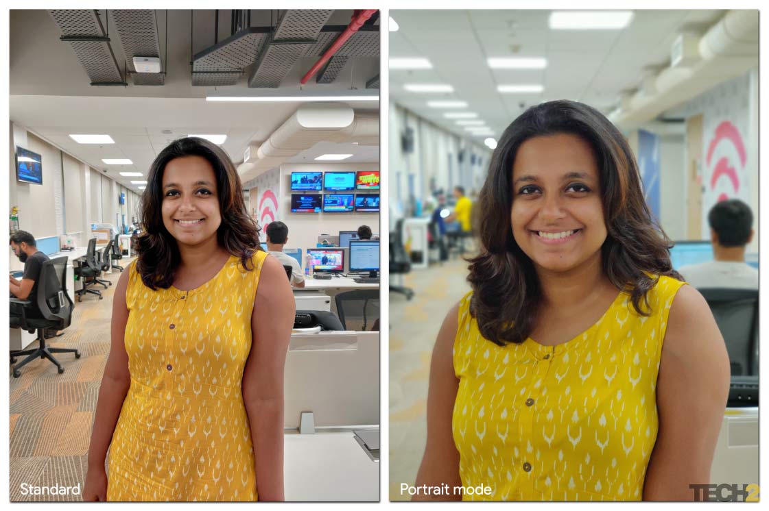 Regular and portrait mode shot comparison under indoor lighting conditions. Image: tech2/Abhijit Dey.