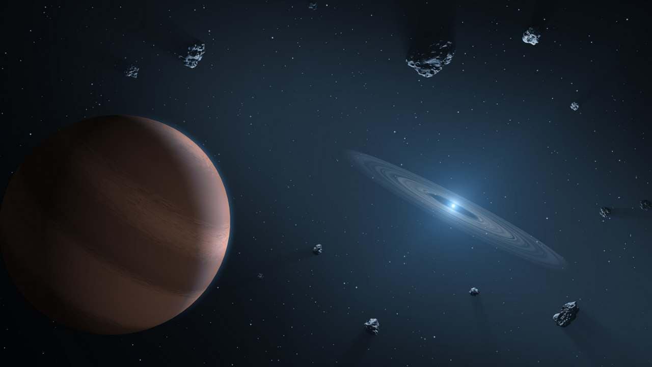 An artist illustration of a white dwarf star and an exoplanet and debris orbiting around it. Image credit: NASA/JPL