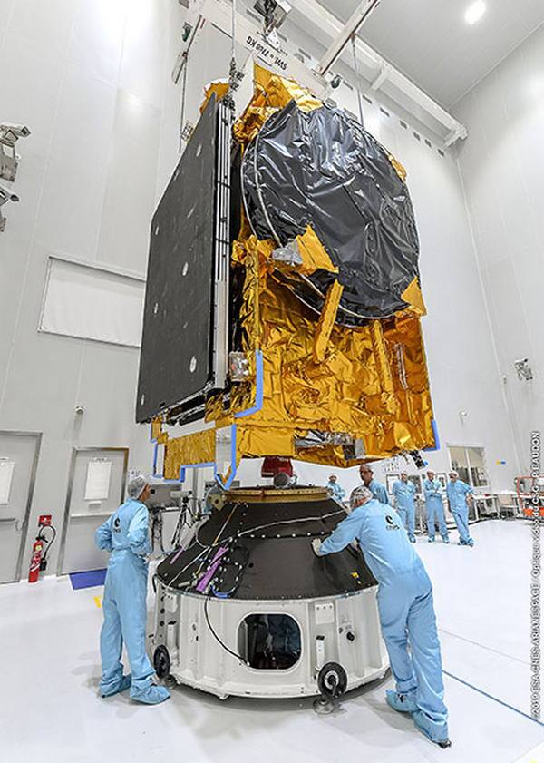 TIBA-1 undergoes its fit-check with the interface adapter used for integration on Arianespace’s Ariane 5 launcher. Image credit: 