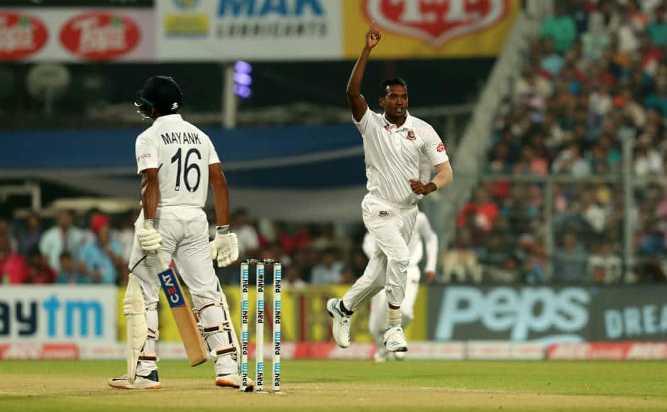 Indian openers Mayank Agarwal and Rohit Sharma were cheaply dismissed and failed to provide them a solid start. Agarwal was dismissed by Al-Amin Hossain for 14. Sportzpics
