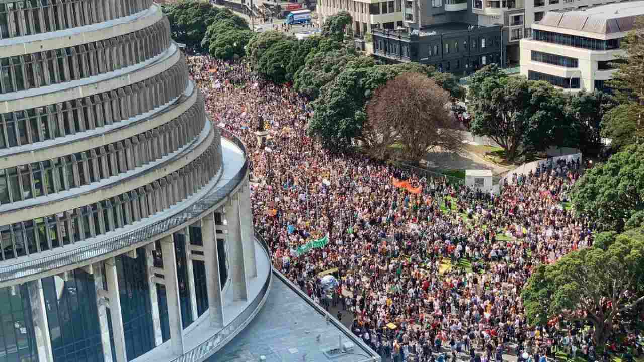 An aerial shot of a large crowd fills the streets outside a government building in New Zealand’s capital Wellington. Image: Twitter/350.org