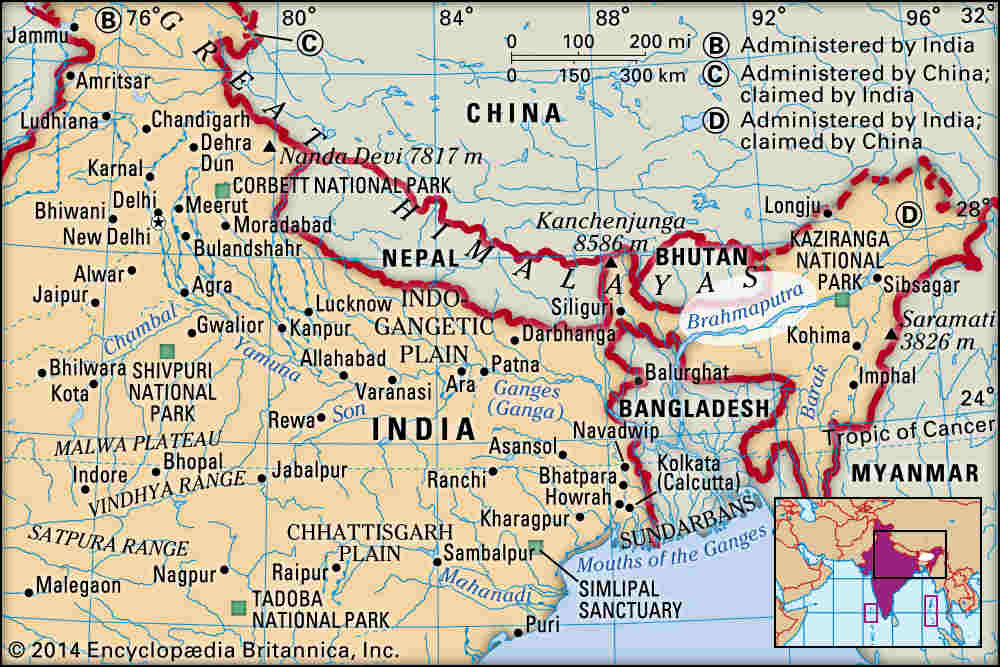 A map that shows the flow of the Brahmaputra river. Image credit: Britannica