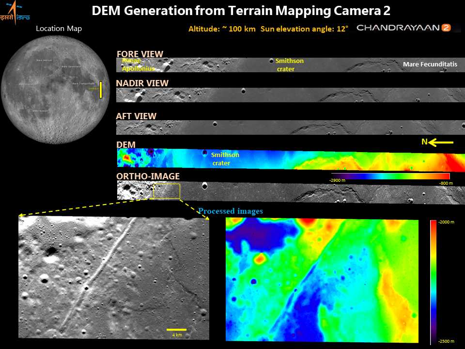 A multi-factoral map of a patch of lunar surface as seen by the Chandrayaan 2's TMC-2 camera. Image: ISRO