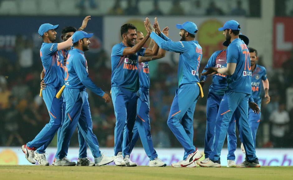 Deepak Chahar celebrates the wicket of Soumya Sarkar. the 27-year-old went on to add five more, including a hat-trick, to register his best figures of 6-7. Sportzpics