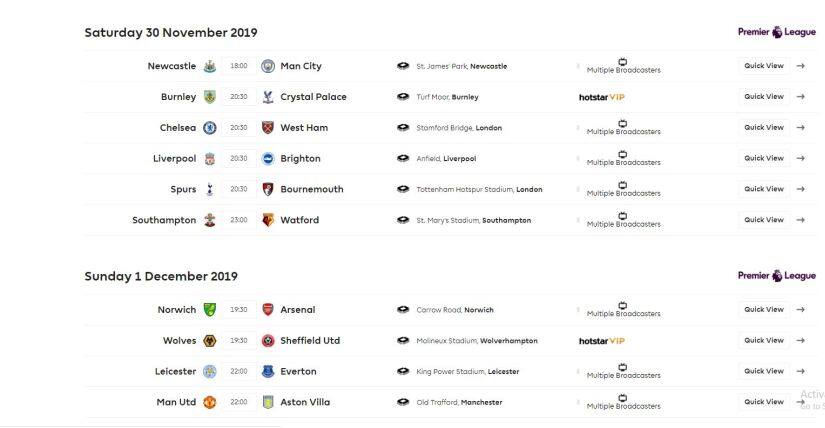Gameweek 14 fixtures. Image: Premier League website