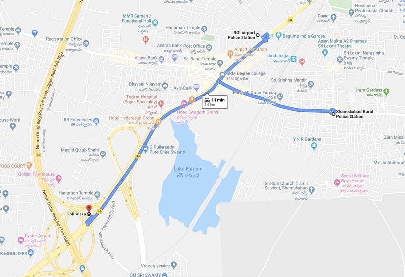 The crime occurred at a compound near the toll plaza, which is around ten minutes away from the RGIA Police Station and Shamshabad Rural Police Station. Google maps