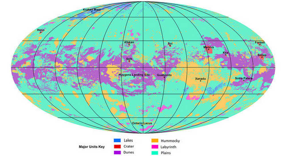 The geological map of Titan created by NASA with the help of Cassini . Image credit: NASA