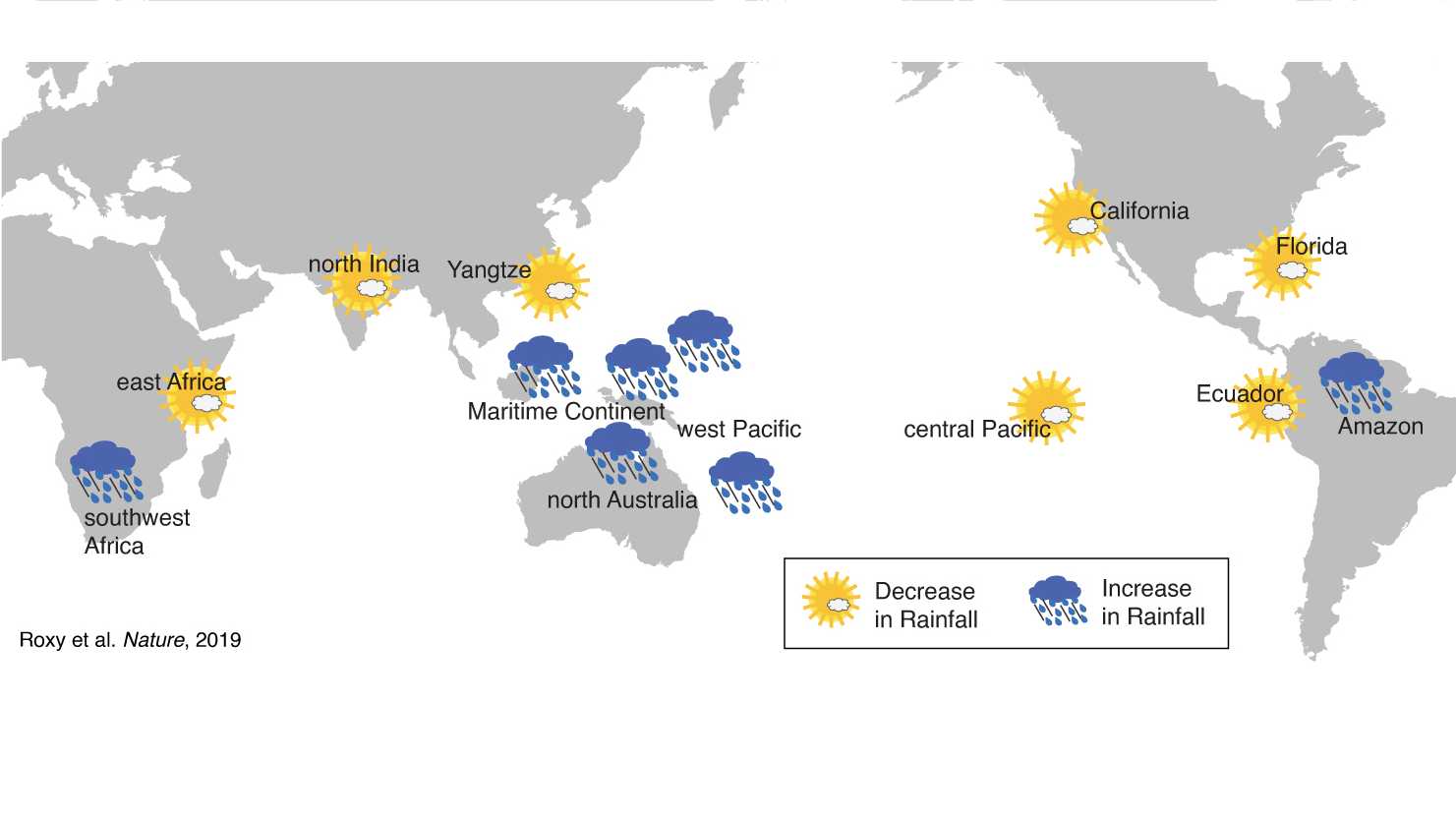 Rainfall changes due to warming in the Indo-Pacific Ocean and corresponding changes in global weather pattern. Image credit: Roxy et al. (2019)