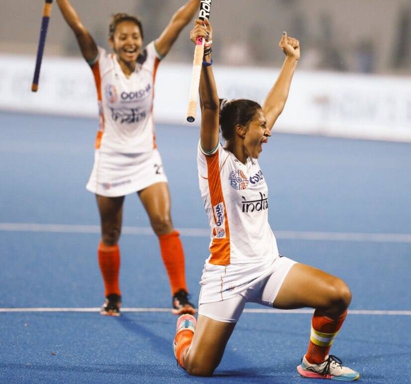 Women&rsquo;s captain Rani Rampal celebrates after scoring the decisive goal to seal India&rsquo;s berth for Tokyo Olympics 2020. Image courtesy: @TheHockeyIndia