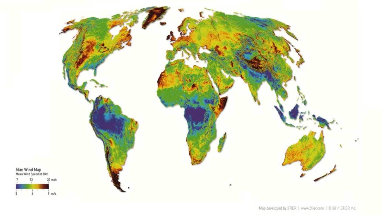 A map of the average wind speeds in various countries and regions around the world. 