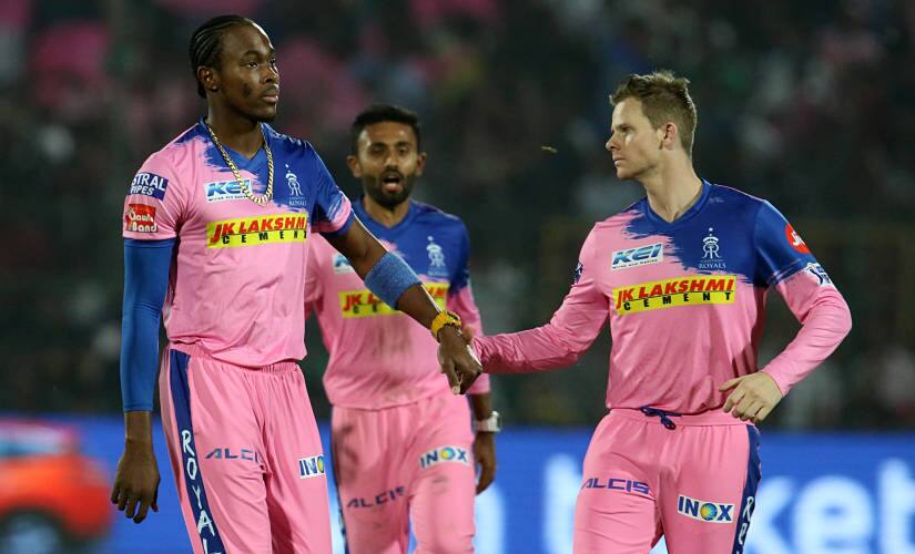 Jofra Archer of Rajasthan Royals along with Steve Smith of Rajasthan Royals celebrates the wicket of Parthiv Patel of Royal Challengers Bangalore during match 14 of the Vivo Indian Premier League Season 12, 2019 between the Rajasthan Royals and the Royal Challengers Bangalore held at the Sawai Mansingh Stadium in Jaipur on the 2nd April 2019 Photo by: Faheem Hussain /SPORTZPICS for BCCI
