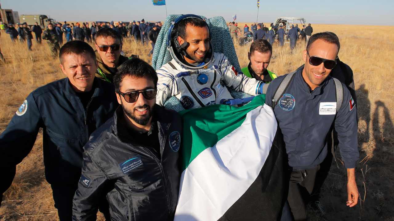 UAE astronaut Hazzaa al-Mansoori reacts shortly after the landing of the Russian Soyuz MS-12 space capsule about 150 km (90 miles) south-east of the Kazakh town of Dzhezkazgan on 3 October 2019. Image: Getty