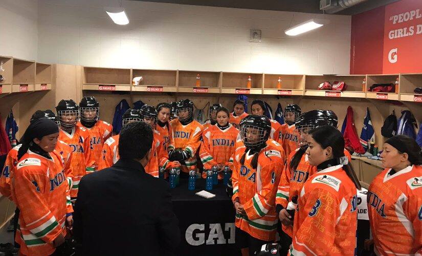 The Indian Women’s Ice Hockey Team prepares for a match during their tour of Canada for WickFest in 2018. 