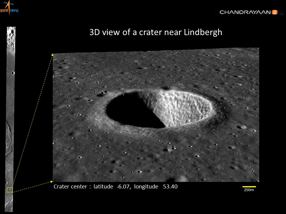 3D images of a crater created by the Terrain Mapping Camera-2 on the Chandrayaan 2 Orbiter. Image: ISRO