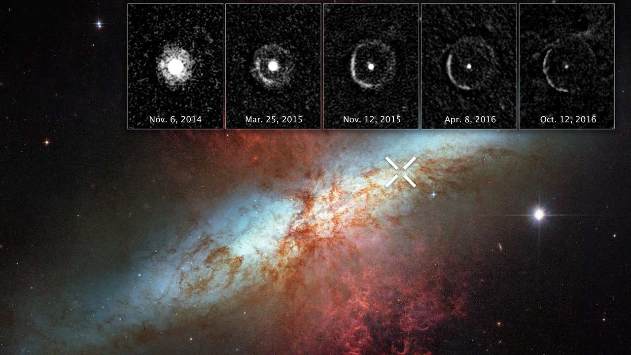 Light from a supernova explosion in the nearby starburst galaxy Messier 82 is reverberating off a huge dust cloud in interstellar space. The supernova, called SN 2014J, occurred at the upper right of Messier 82, and is marked by an “X.” The supernova was discovered on 21 January 2014. The inset images at the top reveal an expanding shell of light from the stellar explosion sweeping through interstellar space, called a “light echo.” The images were taken 10 months to nearly two years after the violent event (6 November 2014 to 12 October 2016). The light is bouncing off a giant dust cloud that extends 300 to 1600 light-years from the supernova and is being reflected toward Earth. SN 2014J is classified as a Type Ia supernova and is the closest such blast in at least four decades. A Type Ia supernova occurs in a binary star system consisting of a burned-out white dwarf and a companion star. The white dwarf explodes after the companion dumps too much material onto it. The image of Messier 82 reveals a bright blue disc, webs of shredded clouds, and fiery-looking plumes of glowing hydrogen blasting out of its central regions. Close encounters with its larger neighbor, the spiral galaxy Messier 81, is compressing gas in Messier 82 and stoking the birth of multiple star clusters. Some of these stars live for only a short time and die in cataclysmic supernova blasts, as shown by SN 2014J. Located about 11 million light-years away, Messier 82 appears high in the constellation Ursa Major, the Great Bear. It is also called the “Cigar Galaxy” because of the elliptical shape produced by the oblique tilt of its starry disk relative to our line of sight. The Messier 82 image was taken in 2006 using the Advanced Camera for Surveys. The inset images of the light echo also were taken by the Advanced Camera for Surveys. Links: NASA press release Video: zooming in on a light echo Video: zooming in on a light echo (annotated)