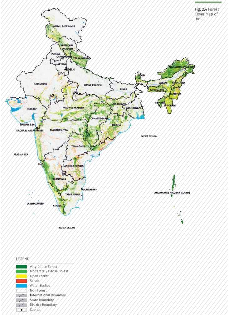 The range and reach of India’s forest cover, as of 2017. Image: Forest Dept/NIC/ISF Report 2017
