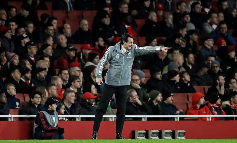 Unai Emery gestures during the match between Arsenal and Eintracht Frankfurt. AP