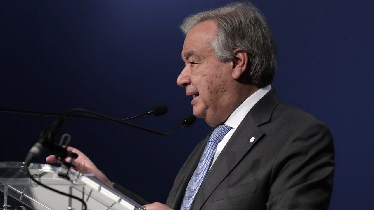 UN Sec-Gen Antonio Guterres talks at COP25, in Madrid. Image credit: AP