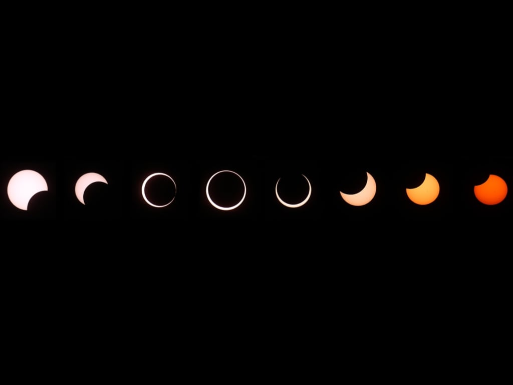 This composite of images is from the first annular eclipse seen in the US since 1994. It shows several stages, left to right, as the eclipse passes through annularity and the sun changes color closer to sunset on 20 May 2012 in Grand Canyon National Park, Arizona. Image: Getty