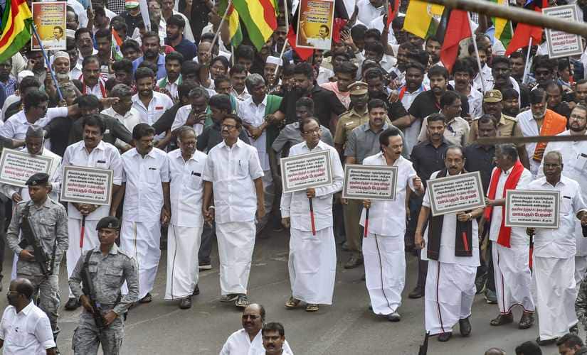 DMK president MK Stalin along with leaders of allies, including senior Congress leader P Chidambaram, MDMK chief Vaiko and state unit leaders of the Left parties take part in a protest rally against the Citizenship Amendment Act (CAA), in Chennai. PTI