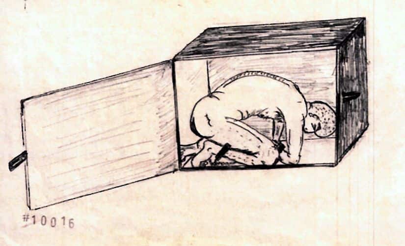An image drawn by Abu Zubaydah, a prisoner at Guantánamo Bay, shows how the CIA applied an approved torture technique called