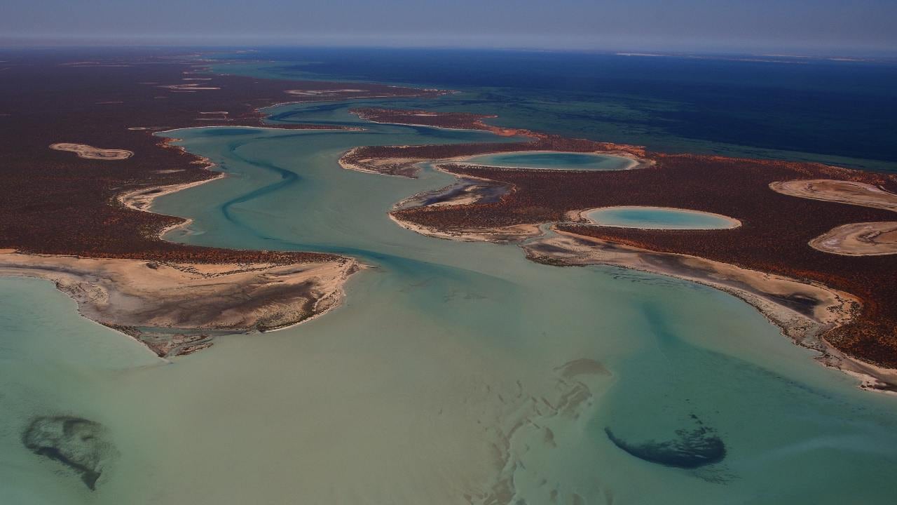 An aerial view of the Big Lagoon, one ecosystem in the World Heritage-listed Shark Bay region of Australia. Image: Wikimedia Commons