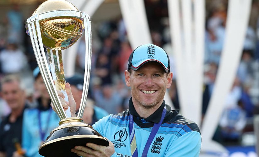 England captain Eoin Morgan lifts the World Cup Trophy. Reuters