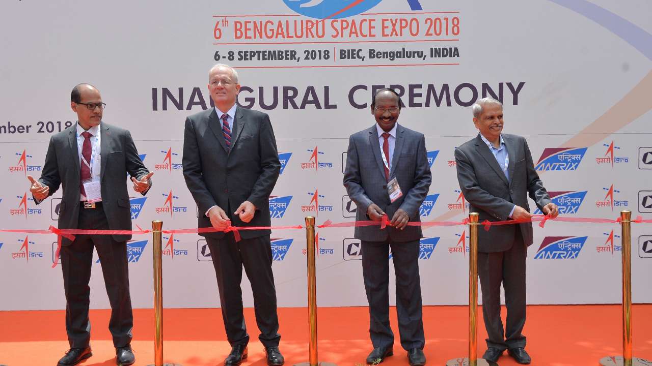 Chairman and managing director of Antrix Corporation Rakesh Sasibhushan (L), president of the French AeroSpace company (CNES) Jean-Yves Le Gall (2L), space scientist and chairperson of ISRO Dr Kailasavadivoo Sivan (2R), and chairman of Confederation of Indian Industries (CII), Kris Gopalakrishna (R) inaugurate the 6th Bengaluru Space Expo (BSX) on 6 September 2018. Image: Manjunath Kiran/AFP via Getty