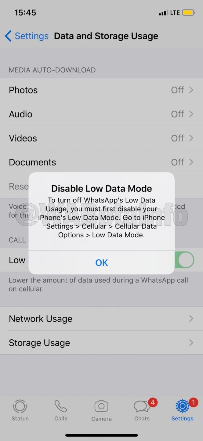 Low data mode. Image: WABetaInfo