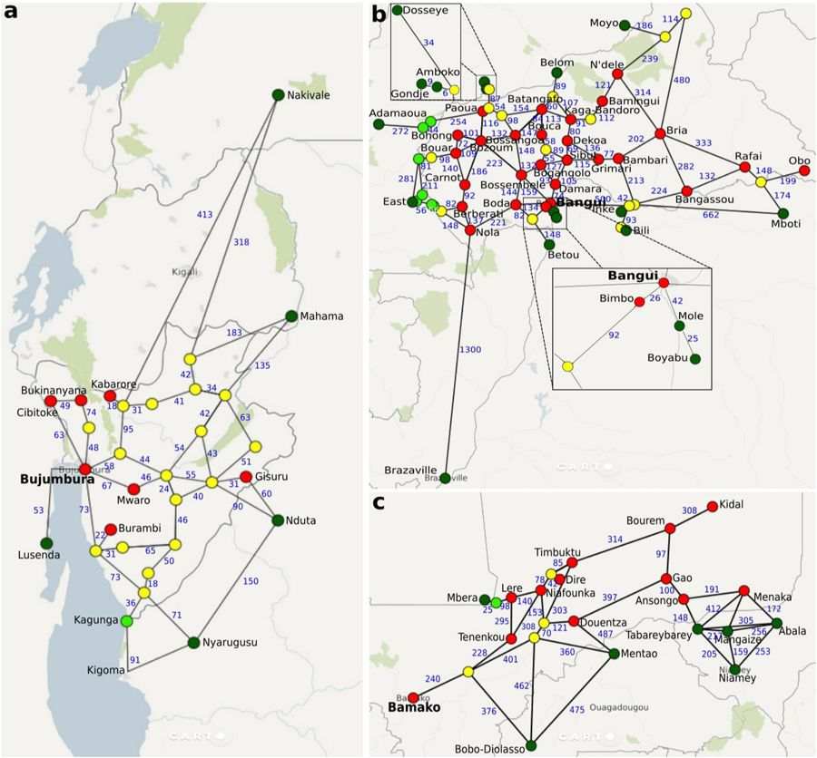 Network models for (a) Burundi, (b) Central African Republic and (c) Mali. Conflict zones (red circles), refugee camps (dark green circles), forwarding hubs (light green circles) and other major settlements (yellow circles). Image: Suleimenova et. al. (2017)