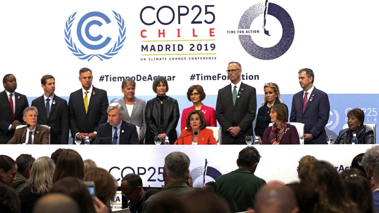 President of the House of Representatives of the United States, Nancy Pelosi (C), during her speech at the first day of the UN COP25 Climate Summit in Ifema on 2 Dec 2019 in Madrid. Image: Getty
