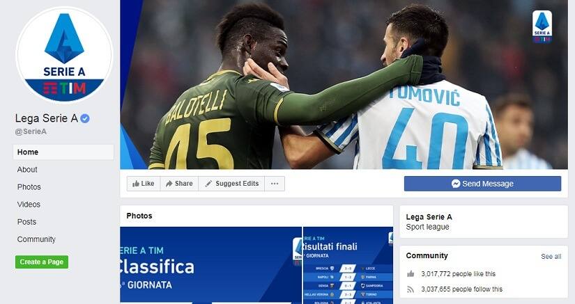 Screenshot of Lega Serie A’s Facebook page