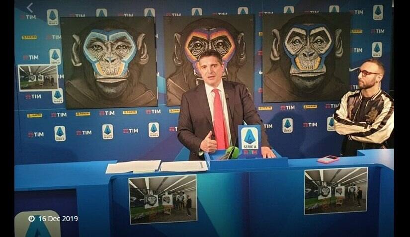 Lega Serie A CEO Luigi De Siervo (centre) and artist Simone Fugazzotto (right) unveil the football league’s anti-racism campaign. Screenshot from official Serie A website