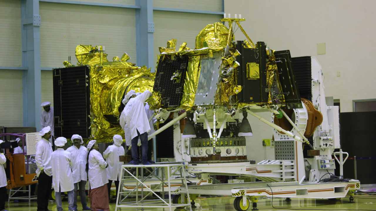 The moon lander Vikram (in the foreground) and orbiter (in the back ground), part of the Chandrayaan 2 mission, in a clean room at ISRO, Bengaluru. Image: Getty