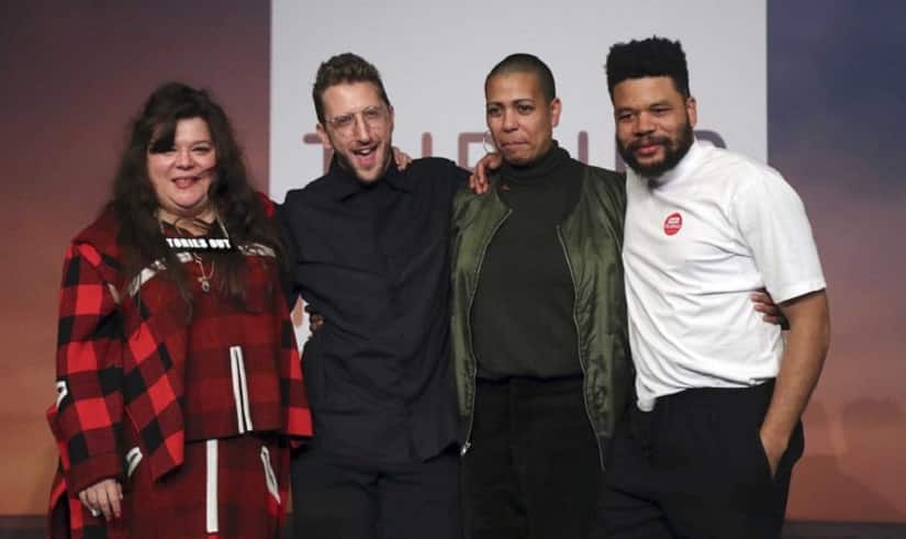 Tai Shani, Lawrence Abu Hamdan, Helen Cammock and Oscar Murillo, after being announced as the winners for the 2019 Turner Prize at Dreamland Margate Tuesday December 3, 2019. All four of the artists chosen as finalists won this year’s award after they wrote to the jury and asked to be treated as a collective, prize organizers said Tuesday. AP/Gareth Fuller 