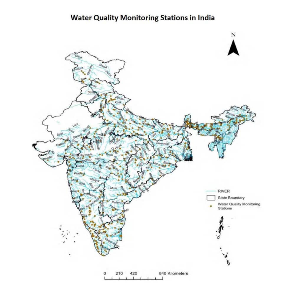 CWC’s water quality monitoring stations across India. Image: Status of Trace & Toxic Metals in Indian Rivers 2019 Report