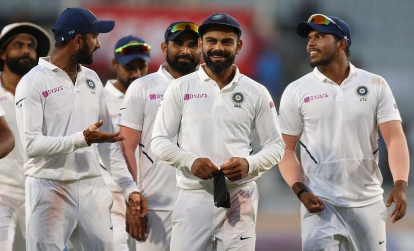 Virat Kohli (captain) of India with team mates during day three of the third Test match between India and South Africa held at the JSCA International Stadium Complex, Ranchi India on the 21st October 2019. SPORTZPICS for BCCI