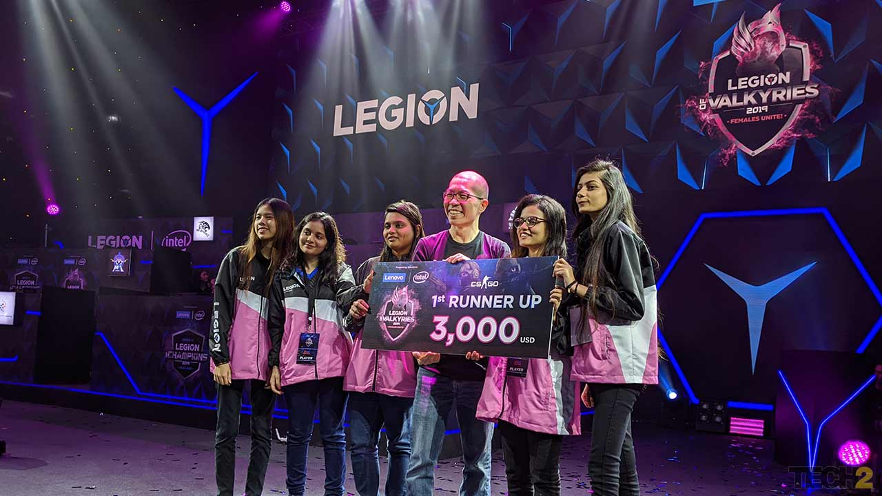 GE-Rayne accepting their prize money at Lenovo's Legion of Valkyries 2019. Image: Abhijit Dey/tech2