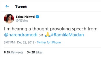 Saina Nehwal, others post identical tweets praising Narendra Modi during his Ramlila Maidan rally; badminton player mocked on social media Saina Nehwal, others post identical tweets praising Narendra Modi during his Ramlila Maidan rally; badminton player mocked on social media