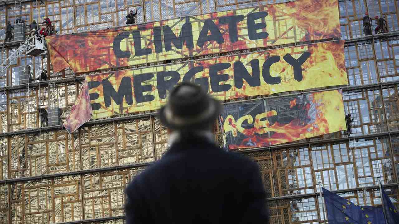 Climate protesters had put up banners for climate emergency. Image credit: AP 