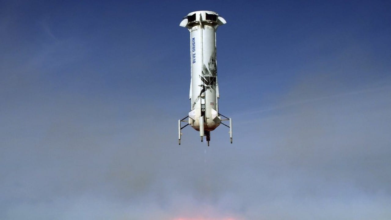Jeff Bezo's aerospace company Blue Origin's New Shepard rocket booster lands near Van Horn. Image credit: AP