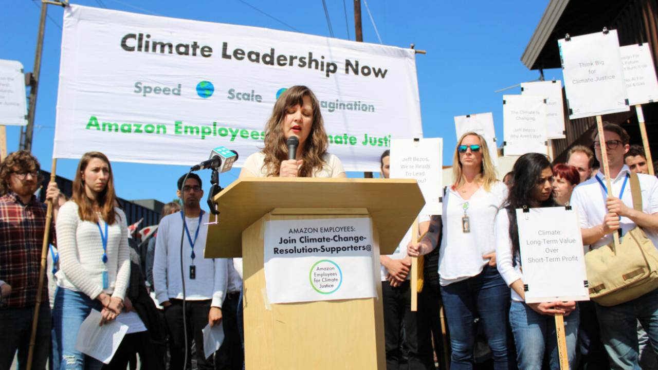 Amazon user experience designer Emily Cunningham speaks at a rally outside of the company’s shareholders’ meeting in May 2019. Image: Amazon Employees for Climate Justice